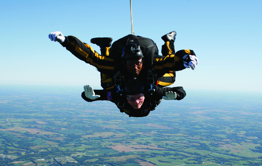 Lt. Gen. Robert Arter makes a tandem parachute jump into the CGSC Foundation's First Annual Gold Tournament on September 6, 2011, the day before his 82nd birthday.