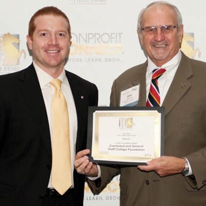 Gene Wilson (right), CGSC Foundation advisor and former member of the board of trustees, accepts the 2012 Philly Awards for the CGSC Foundation from Nonprofit Connect's president of the board Patrick Sallee. The Foundation won second place in the website and print magazine categories for non-profits with budgets under $1 million annually. (Courtesy Photo)