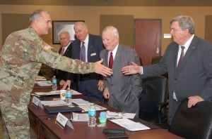 Lt. Gen. Robert B. Brown, CGSC Commandant and Combined Arms Center Commander, shakes hands with Foundation trustee Jim Mackay and all the trustees after his remarks at the Foundation board meeting March 31, 2016.