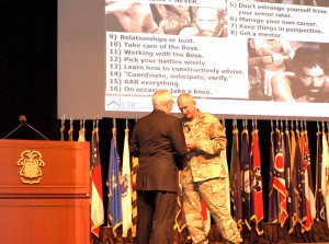 Foundation CEO Doug Tystad presents a coins to Lt. Gen. Brown after his farewell remarks to the CGSC faculty and students April 29. Click the photo to see the full gallery. 