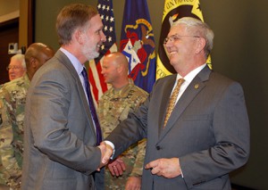 Foundation CEO Doug Tystad, right, thanks Dr. Scott Gorman from the School of Advanced Military Studies for his support of the National Security Roundtable Program in March 2016. The Foundation supports two NSRT programs each academic year faculty-led support from SAMS and the Command and General Staff School.