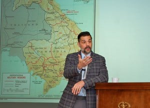 Dr. Gregory Daddis, associate professor of history at Chapman University (Orange, Calif.), answers questions during his presentation Jan. 26 in the Arnold Conference Room.