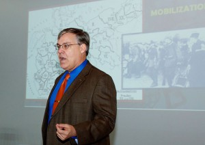 Dr. Scott Stephenson delivers his lecture on the German home front Sept. 20 in downtown Leavenworth, Kansas.