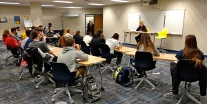 IMG StMarysU w Ambassador McCarthy speaks to students from the University of St. Mary Dec. 6.