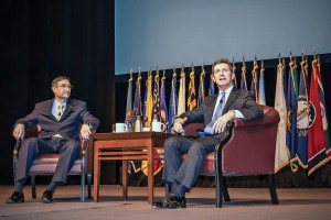 Alex Gorsky, chairman and CEO of Johnson & Johnson , participates in a discussion with Dr. Dr. Ted Thomas, director of the Department of Command and Leadership, and CGSC students in the Eisenhower Auditorium on Feb. 6, 2017.
