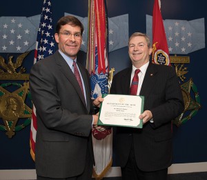 Secretary of the Army Dr. Mark T. Esper, left, presents the CASA appointment certificate to Foundation Chair Mike Hockley during the ceremony at the Pentagon, April 16, 2018.