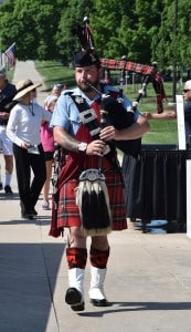DSC w British Pipe Major John Harvey approaches the National World War I Memorial in Kansas City to open the annual Memorial Day Ceremony on May 27.
