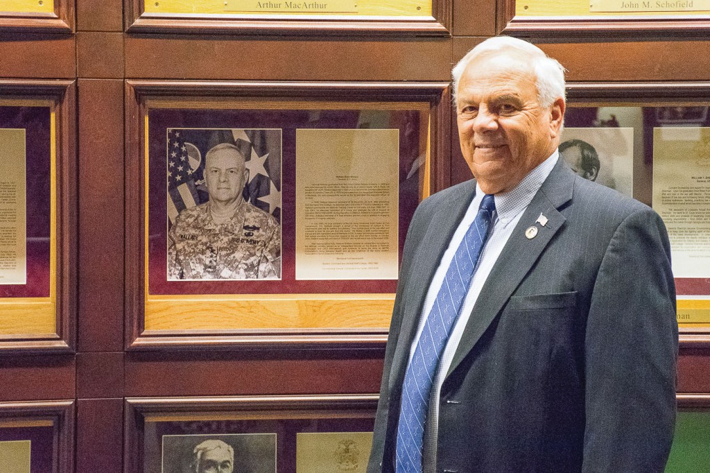 Gen. William S. Wallace, U.S. Army, Ret., former commander of the Army Training and Doctrine Command and former commander of the Combined Arms Center and Fort Leavenworth stands by his shadow box after being inducted into the Fort Leavenworth Hall of Fame May 30.