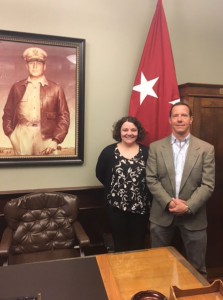 Katie Lord, vice president of Jeffrey Byrne + Associates (left), and Lt. Col. (Ret.) Mike Kenny, executive director of Warriors’ Ascent, in the MacArthur Room in the Lewis and Clark Center during their tour April 23.