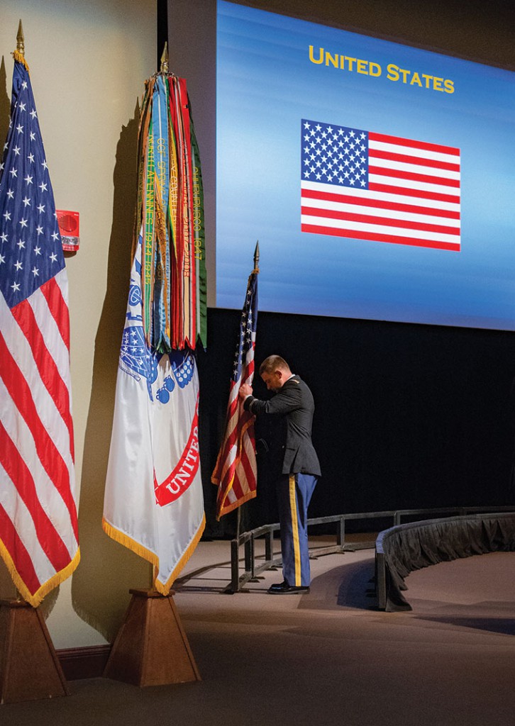 Major Travis Owen, class president, posts the flag of the United States of America to begin posting of the colors during the Command and General Staff Officer’s Course 2019. 110 officers from 87 countries make up this year’s International Military Officer cohort for the class. (photos by Dan Neal/ArmyU Public Affairs)