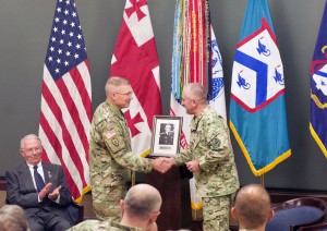 Lt. Gen. Michael Lundy, Commanding General of the Combined Arms Center and Fort Leavenworth, and Commandant of the Command and General Staff College, left, congratulates Maj. Gen. Chachibaia on his induction into the International Hall of Fame, Aug. 23, at Fort Leavenworth, Kan.  (photo by Mark H. Wiggins)