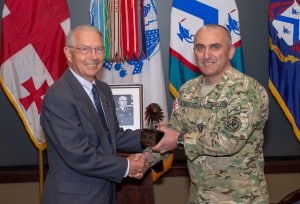 IHOF AUG b w CGSC Foundation Vice Chair for Military Affairs, Lt. Gen. (Ret.) Richard F. Keller, presents an eagle statuette to Major General Vladimer Chachibaia, Georgian Army, in honor of his induction into the International Hall of Fame and signifying his status as a Life Constituent of the CGSC Foundation. (Photo by Jim Shea/ArmyU Public Affairs)