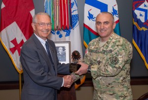 CGSC Foundation Vice Chair for Military Affairs, Lt. Gen. (Ret.) Richard F. Keller, presents an eagle statuette to Major General Vladimer Chachibaia, Georgian Army, in honor of his induction into the International Hall of Fame and signifying his status as a Life Constituent of the CGSC Foundation. (Photo by Jim Shea/ArmyU Public Affairs) 