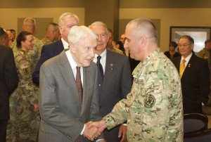 CGSC Foundation Chair Emeritus Lt. Gen. (Ret.) Robert Arter congratulates Major General Vladimer Chachibaia, Chief of the General Staff of the Georgian Armed Forces, after the IHOF ceremony. (photo by Mark H. Wiggins) 