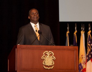 Gen. Lloyd J. Austin III, U.S. Army, Ret., presents the annual Colin L. Powell Lecture for students of the 2019 Command and General Staff Officer’s Course, Aug. 21 at Fort Leavenworth’s Lewis and Clark Center.