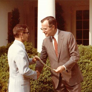 Major Gregor with Vice President George HW Bush, during the White House Fellowship finalist ceremony. - 1982