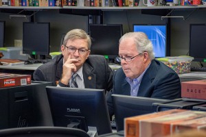 Mike Hockley, Civilian Aide to the Secretary of the Army for eastern Kansas, and chair of the CGSC Foundation, left, works with Foundation 1st Vice Chair John H. Robinson during a simulations exercise on Sept. 4 in the Lewis and Clark Center.