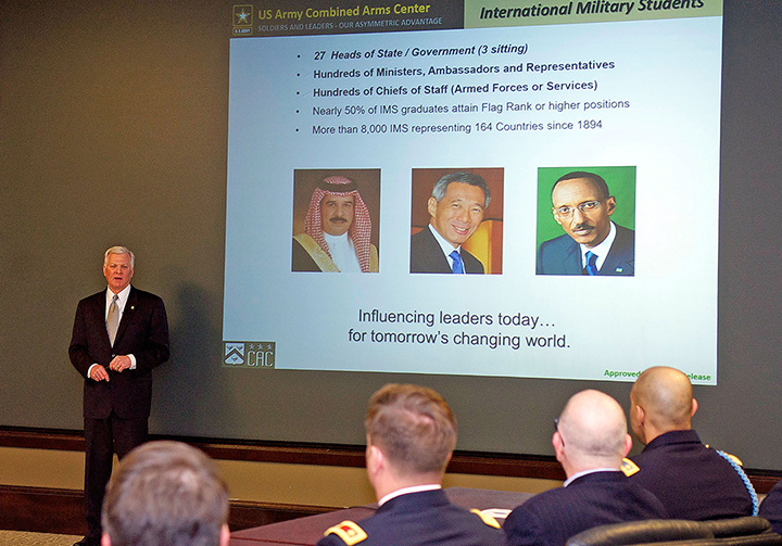 Jeffrey P. LaMoe, the Director of Operations and Support for Army University, provides an overview of CGSC and the Army's officer professional development program to attendees at one of two National Security Roundtable Program events in 2018. LaMoe's overview also includes information about the International Officer program at the College.