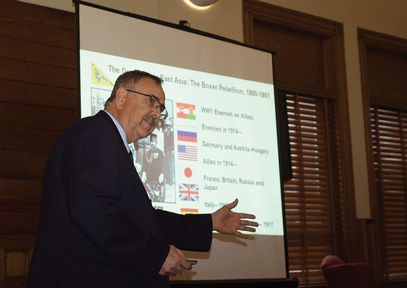 Dr. Joseph G. D. (Geoff) Babb, associate professor of history in the CGSC Department of Military History, presents a lecture on “The Great War in Asia” on April 10, 2019 at the Riverfront Community Center in Leavenworth, Kansas, as part of the General of the Armies John J. Pershing Great War Centennial Series, hosted by CGSC’s Department of Military History and the CGSC Foundation. 