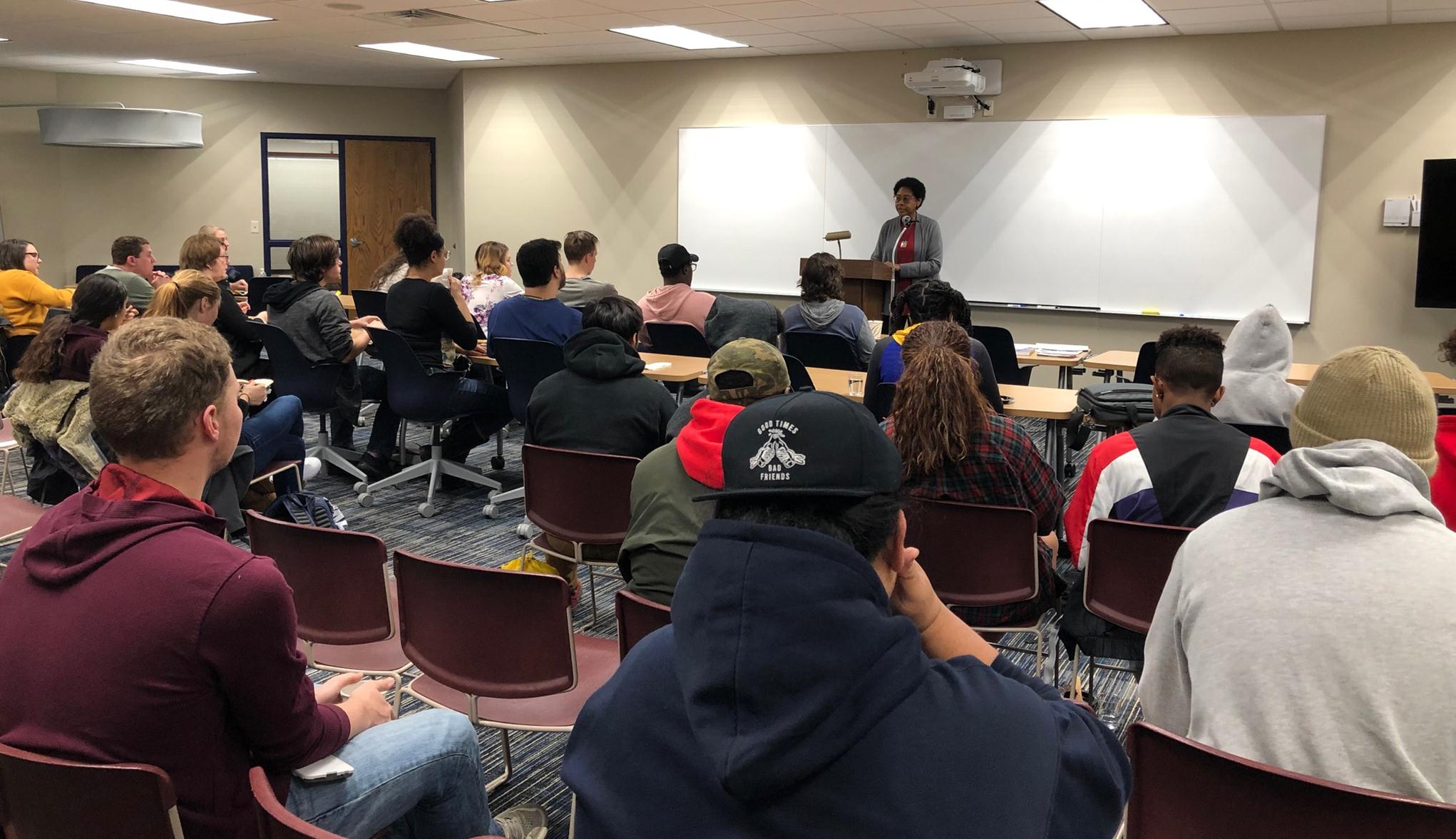 Photo - Ambassador (Ret.) Eunice Reddick speaks to students during a “Lunch & Learn” at the University of Saint Mary during her December 2018 visit as the DACOR Distinguished Visiting Professor of Diplomacy for the class of 2019.