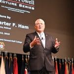 Gen. Carter F. Ham delivers remarks for the Powell Lecture in the Eisenhower Auditorium of the Lewis and Clark Center on Fort Leavenworth Aug. 13, 2019.