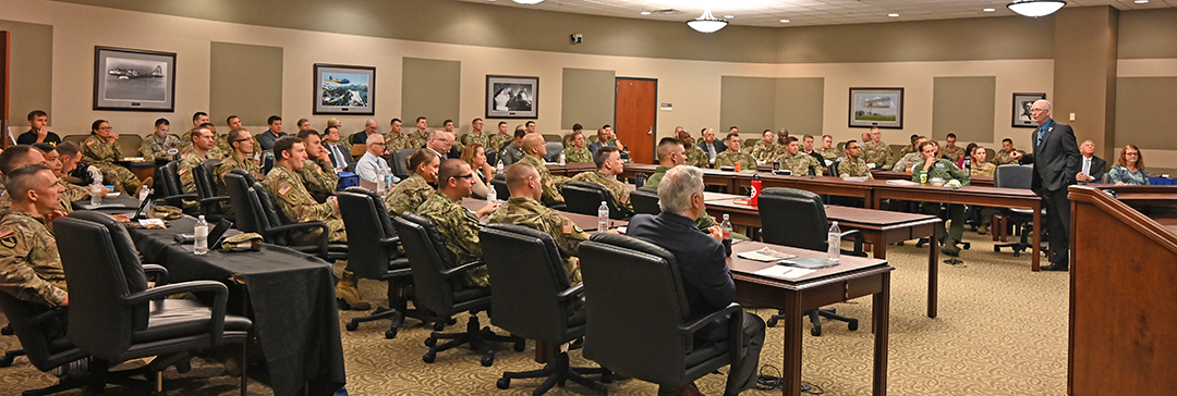 Mr. Thomas A. Gray, the U.S. Army Space and Missile Defense Command Liaison to the Combined Arms Center and Army University, discusses the evolution of space policy, a space force and today’s challenges in the second lecture of the InterAgency Brown-Bag Lecture Series on Sept. 24, 2019.