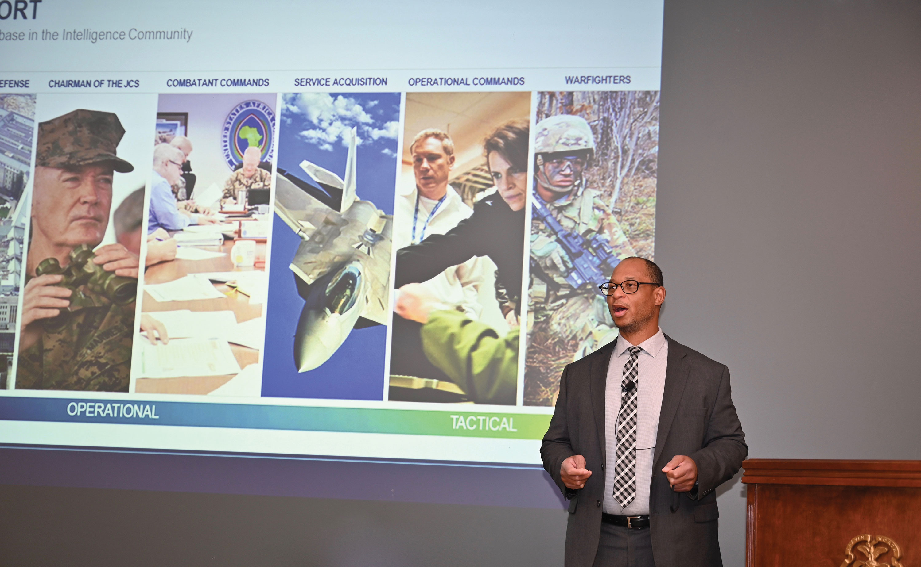 Photo of Roderic C. Jackson, the Defense Intelligence Chair and Defense Intelligence Agency (DIA) Representative to the Combined Arms Center and Army University, delivering the Dec. 10, 2019 lecture in the Interagency Brown-Bag Lecture Series.