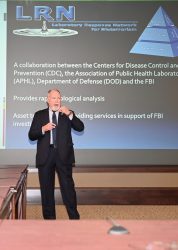 FBI Intelligence Analyst Kenneth Hines addresses bioterrorism issues during the brown-bag lecture on Feb. 25, 2020.