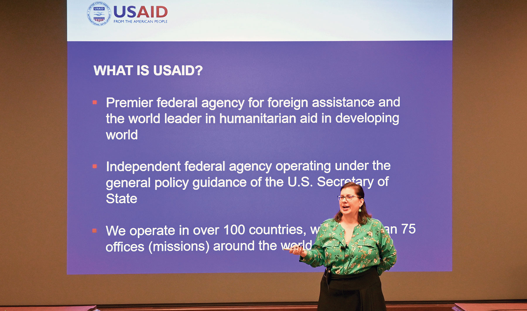 Stephanie Chetraru, the U.S. Army Command and General Staff College Distinguished Chair for Development Studies, discusses USAID's role in countering Russian and Chinese influence during the InterAgency Brown-Bag Lecture on March 12, 2020.
