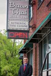 BaanThai PP w Owner Col. (Ret.) Pat Proctor outside the Baan Thai Restaurant in downtown Leavenworth.