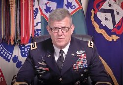 Lt. Gen. James Rainey, commander of the Combined Arms Center and Fort Leavenworth and commandant of the Command and General Staff College, delivers remarks during the SAMS virtual graduation ceremony May 21, 2020.