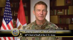 Chief of Staff of the Army Gen. James McConville addresses the graduates of the resident course of the CGSOC Class of 2020 during the virtual ceremony on June 12, 2020.