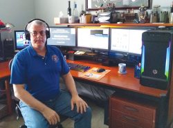 Assistant Professor Karl Restall, CGSC Directorate of Logistics and Resource Operations – Redstone Arsenal Campus, at his home office in Madison, Alabama. Restall produced the virtual graduation ceremony for the Redstone Campus. (photo by Renee Restall)