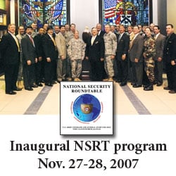 Participants and facilitators for the CGSC’s first National Security Series Roundtable gather for a group photo in the artrium of the Lewis and Clark Center, Nov. 28, 2007. (Photo by Don Middleton, Fort Leavenworth)