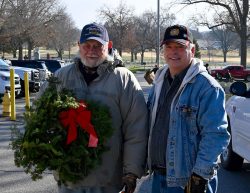 Col. (Ret.) Lynn Rolf, Jr., left, and CGSC Foundation President/CEO Rod Cox visit after laying wreaths on veterans' graves Dec. 19, 2020. Rolf was representing VFW Post 56 in Fort Leavenworth and has worked on the Wreaths Across America project for several years.