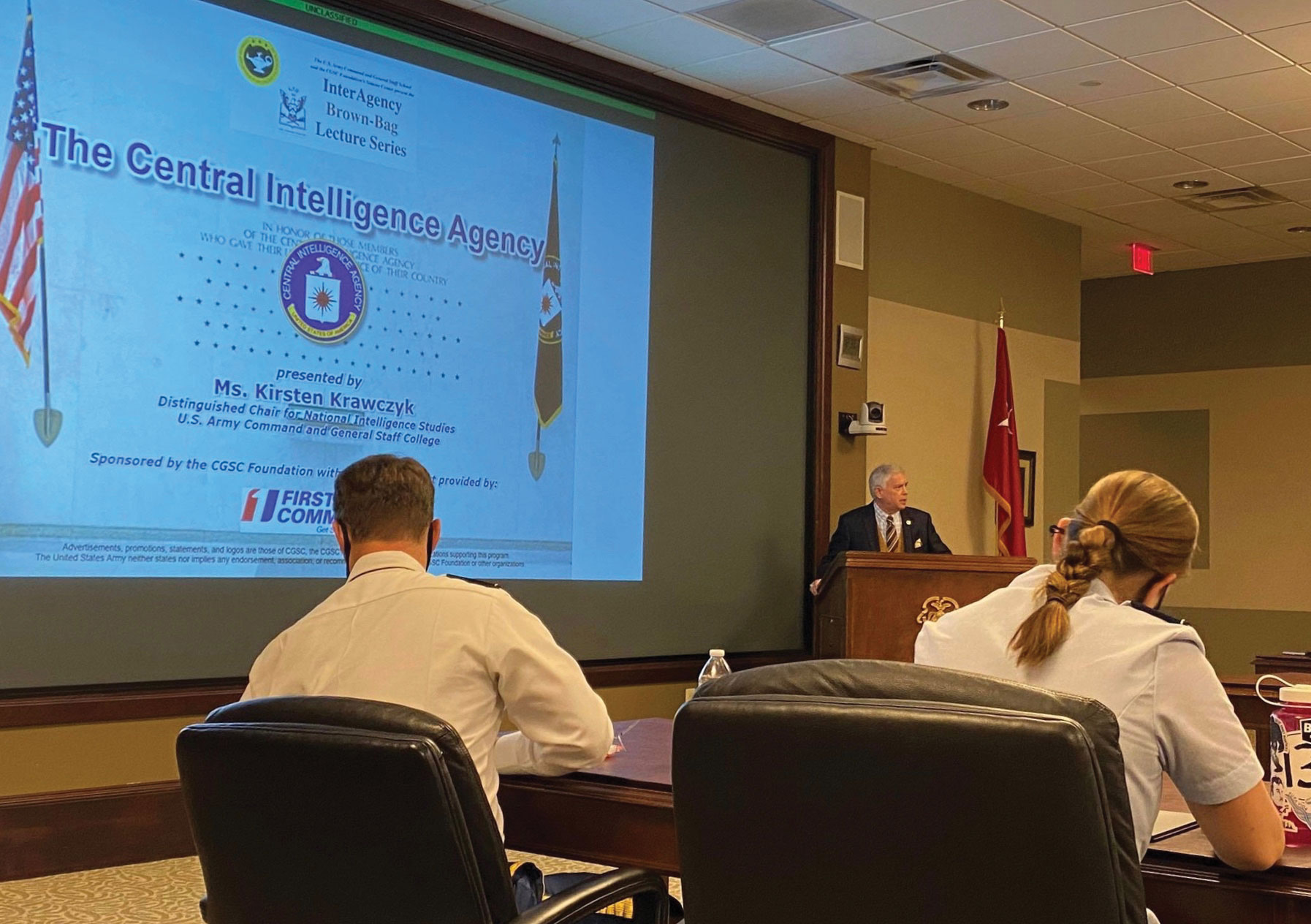 CGSC Foundation President/CEO Rod Cox provides welcome remarks and introduces the speaker at the InterAgency Brown-Bag Lecture on Oct. 20, 2021 in the Arnold Conference Room of the Lewis and Clark Center on Fort Leavenworth.
