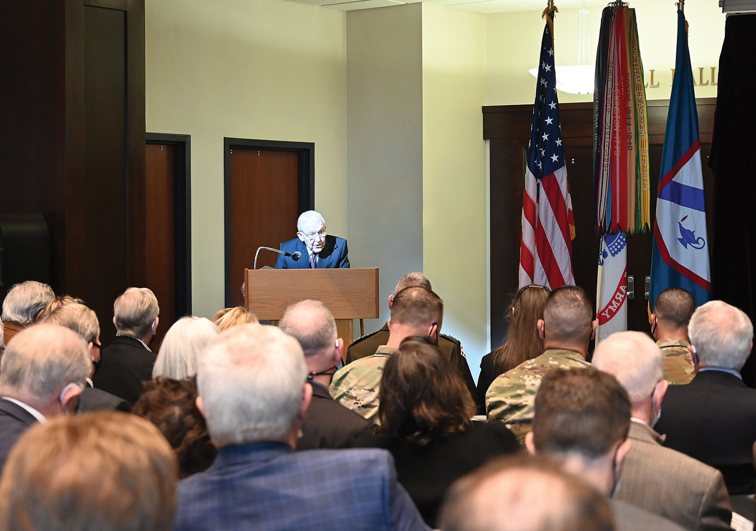 Lt. Gen. (Ret.) Robert Arter delivers remarks during the dedication ceremony for the Lewis and Clark Center atrium on Nov. 17, 2021. The atrium was dedicated as “The Arter Atrium” in honor of Arter and his wife Lois, for their contributions to the nation, the Army, Fort Leavenworth and the community.