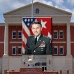 composite image-- Lewis and Clark Center facade in the background with a photo of Lt. Gen. Robert Arter overlayed