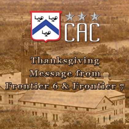 CAC-thnksgvg-msg-420px composite image - Combinded Arms Center headquarters building faded into background with CAC logo and "Thanksgiving Message" text overlayed