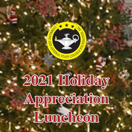 211209-Holiday-Luncheon-420px composite image of CGSC Foundation logo with text "2021 holiday appreciation luncheon" over a close-up photo of a Christmas tree