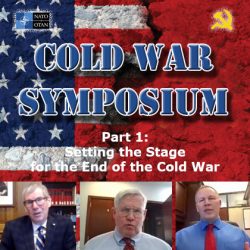 composite image of the Cold War Symposium logo and text over photos of the three presenters as they delivered their remarks