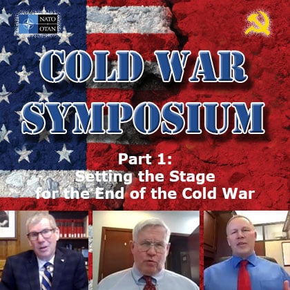 composite image of the Cold War Symposium logo and text over photos of the three presenters as they delivered their remarks