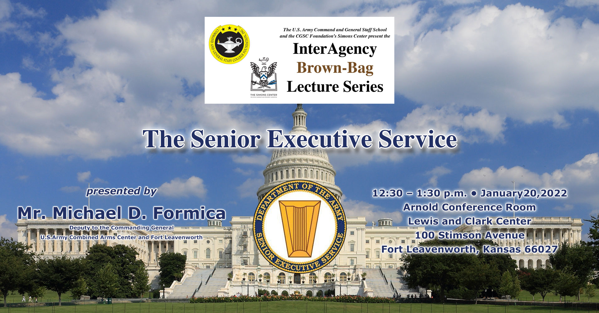 Composite image - U.S. Capitol building in the background; InterAgency Brown-Bag Lecture logo at top with subject and date of upcoming lecture in text below.
