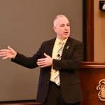 Mr. Michael D. Formica, deputy to the commanding general, U.S. Army Combined Arms Center and Fort Leavenworth, leads the discussion about Army Civilians and the Senior Executive Service during the InterAgency Brown-Bag Lecture on Jan. 20, 2022, in the Arnold Conference Room of the Lewis and Clark Center on Fort Leavenworth.