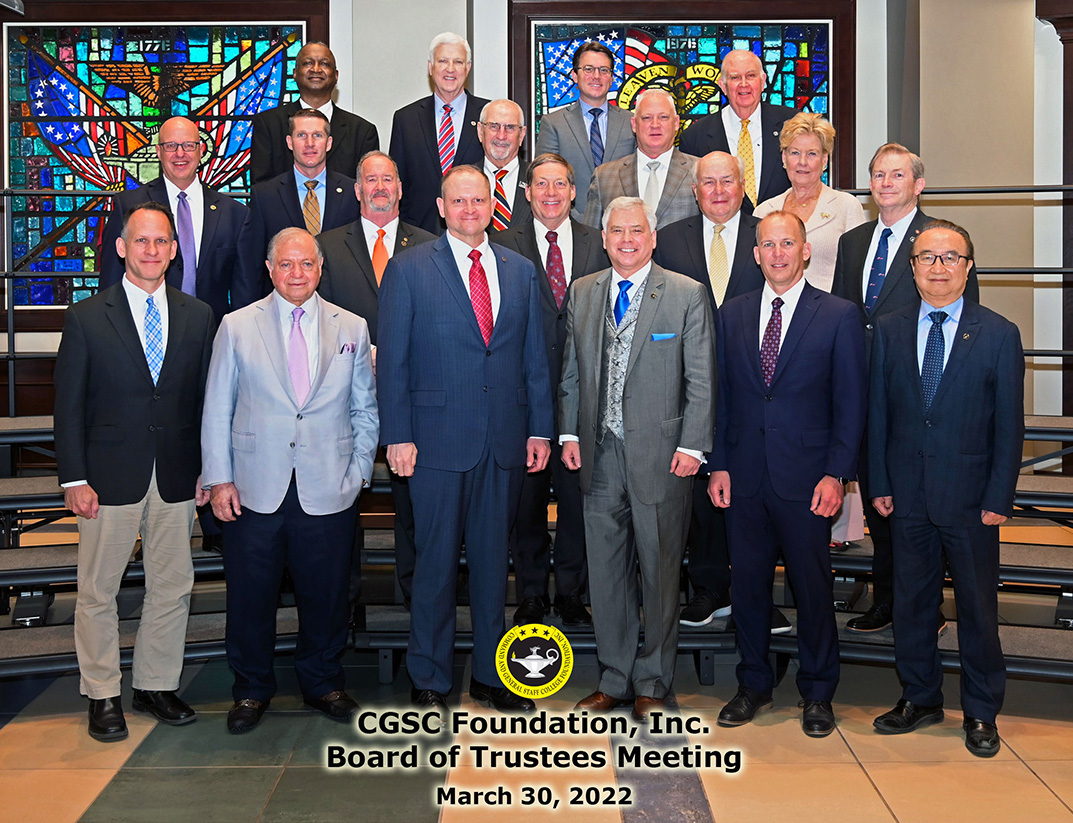 group photo of the CGSC Foundation board of trustees who attended the board meeting on March 30, 2022. Over the photo is the Foundation logo and the date.