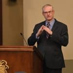 Terry D. Mobley, Diplomacy Chair, U.S. Army Command and General Staff College, leads the discussion about the U.S. Department of State and Foreign Service Officers during the InterAgency Brown-Bag Lecture on Feb, 23, 2022, in the Arnold Conference Room of the Lewis and Clark Center on Fort Leavenworth.