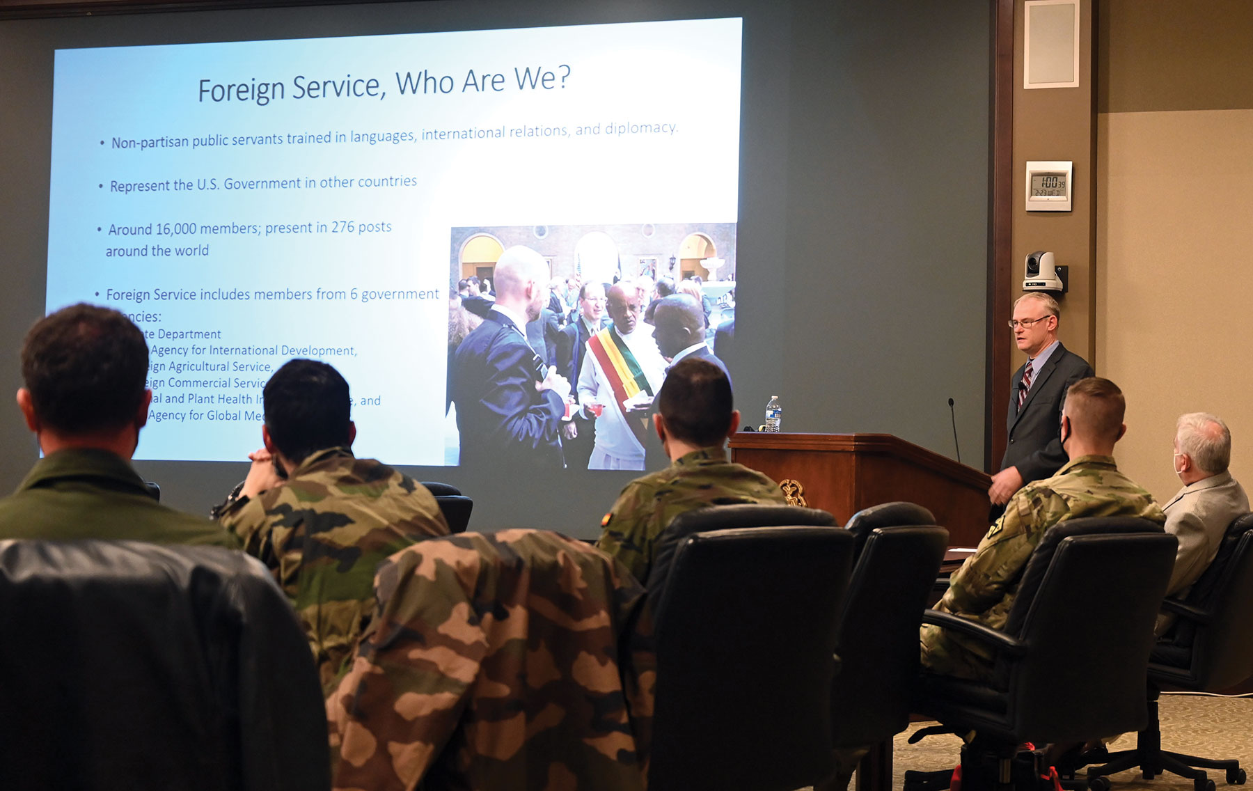 Terry D. Mobley, Diplomacy Chair, U.S. Army Command and General Staff College, leads the discussion about the U.S. Department of State and Foreign Service Officers during the InterAgency Brown-Bag Lecture on Feb, 23, 2022, in the Marshall Auditorium of the Lewis and Clark Center on Fort Leavenworth.