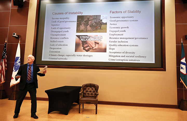 Dr. Mark Sorensen, the CGSC Distinguished Chair for Development Studies, presents the InterAgency Brown-Bag Lecture focused on the U.S. Agency for International Development (USAID)on March 22, 2022, in Marshall Auditorium of the Lewis and Clark Center on Fort Leavenworth.