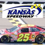 background is a photo of a NASCAR race car on the Kansas Speedway track. Over the photo background is Kansas Speedway logo.