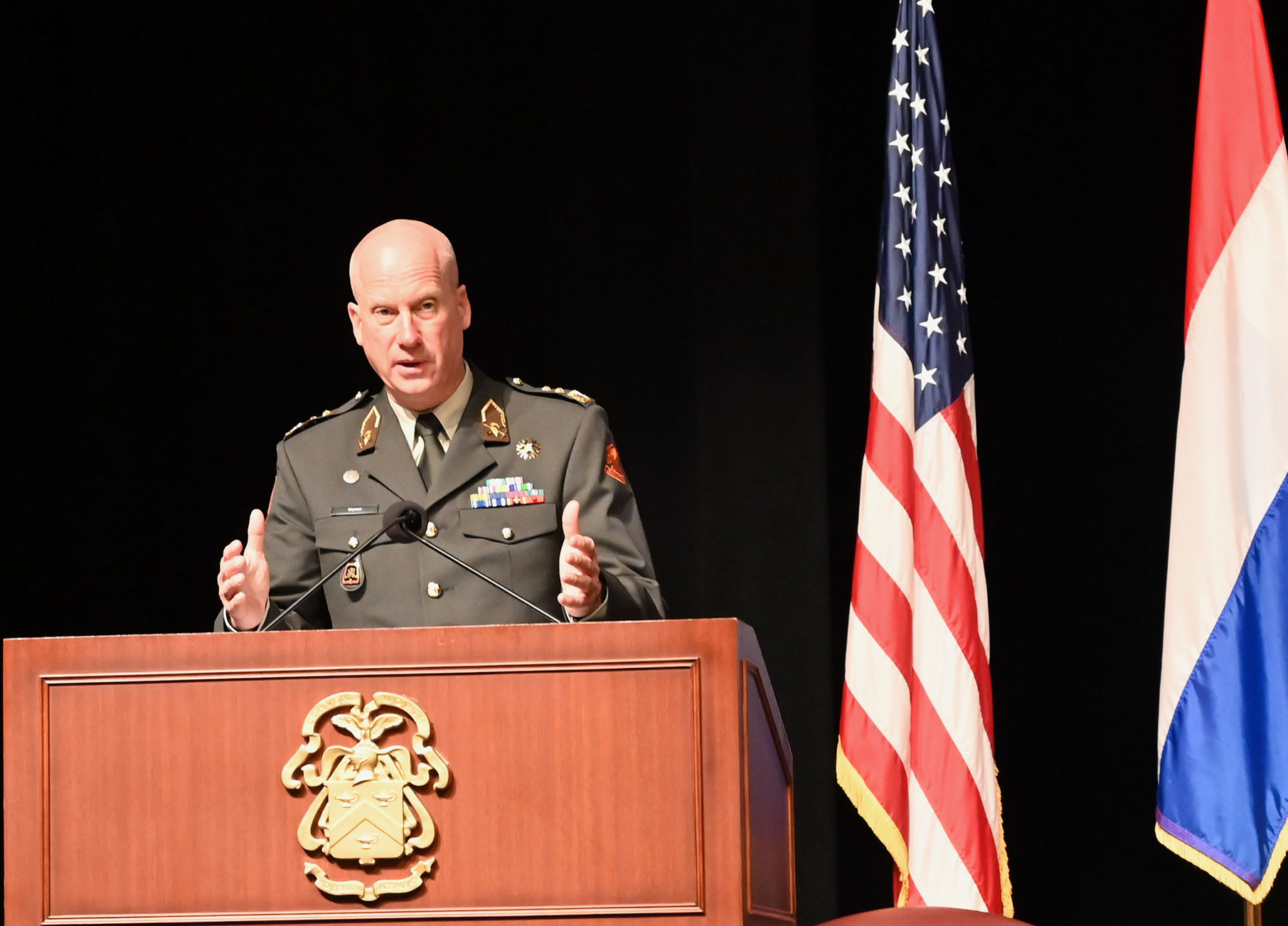 Lt. Gen. Martin Wijnen, Commander of the Royal Netherlands Army, delivers remarks after being inducted into the CGSC International Hall of Fame on April 12, 2022, at the Lewis and Clark Center, Fort Leavenworth, Kansas.